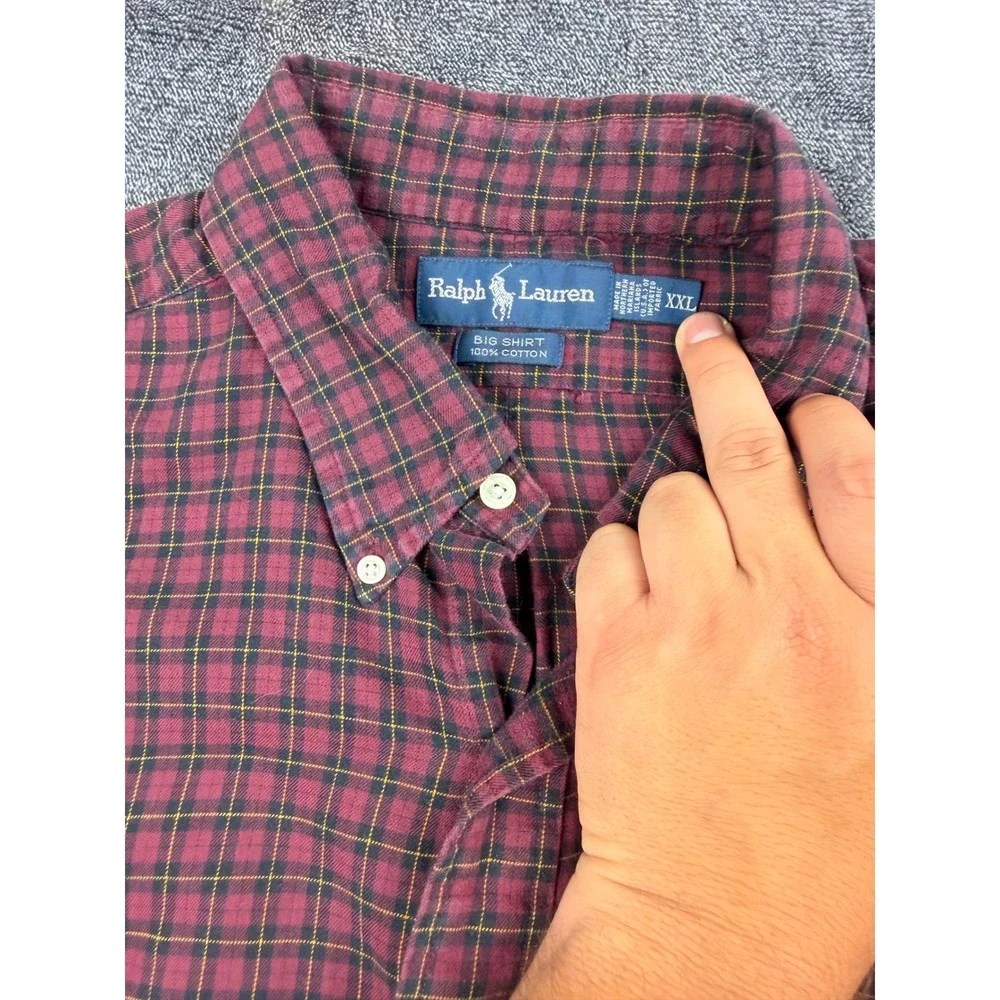 Polo Ralph Lauren Big Shirt XXL Mens Burgundy Plaid Cotton Button Down Long Slv